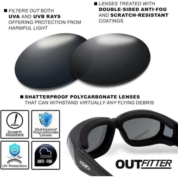 Global Vision Outfitter Padded Fit-Over Motorcycle Safety Sunglasses - Picture 3 of 7